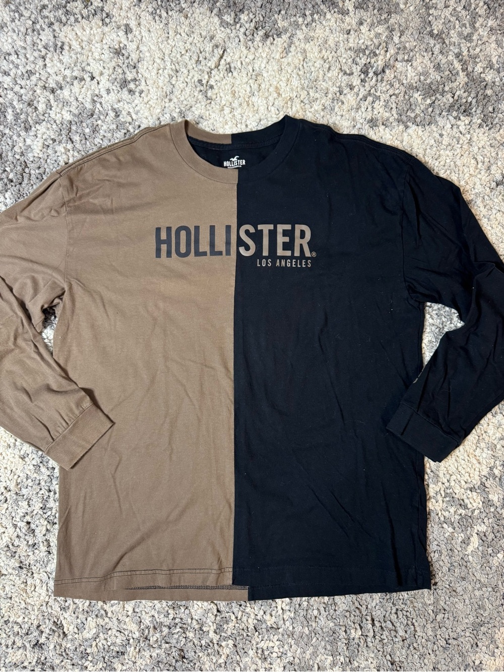 Hollister, Men’s Two-Tone Brown & Black Color Blocking Long Sleeve Logo Tee, XL